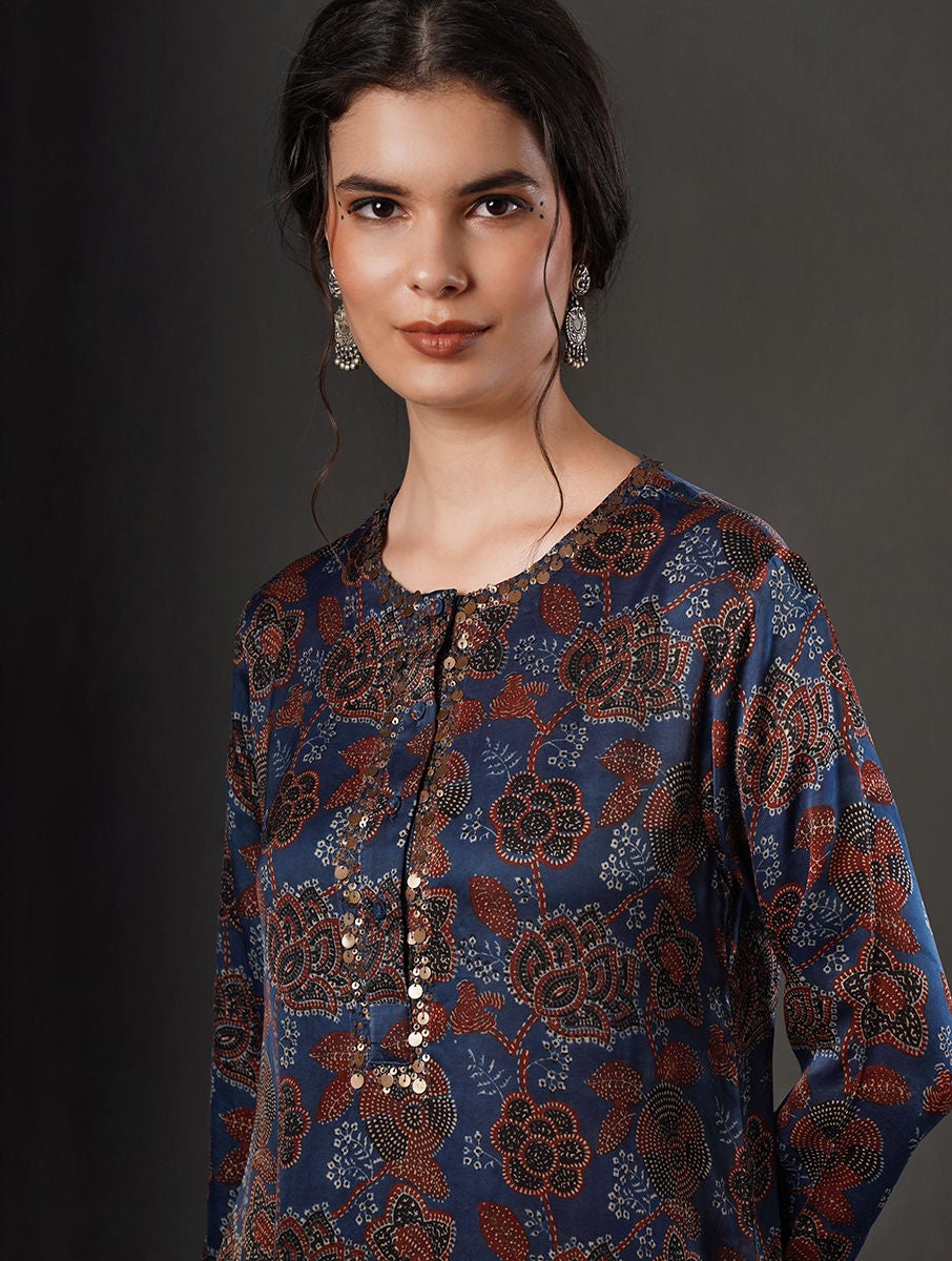 Women Indigo Blue Modal Ajrakh Round Neck Regular Fit Kurta
