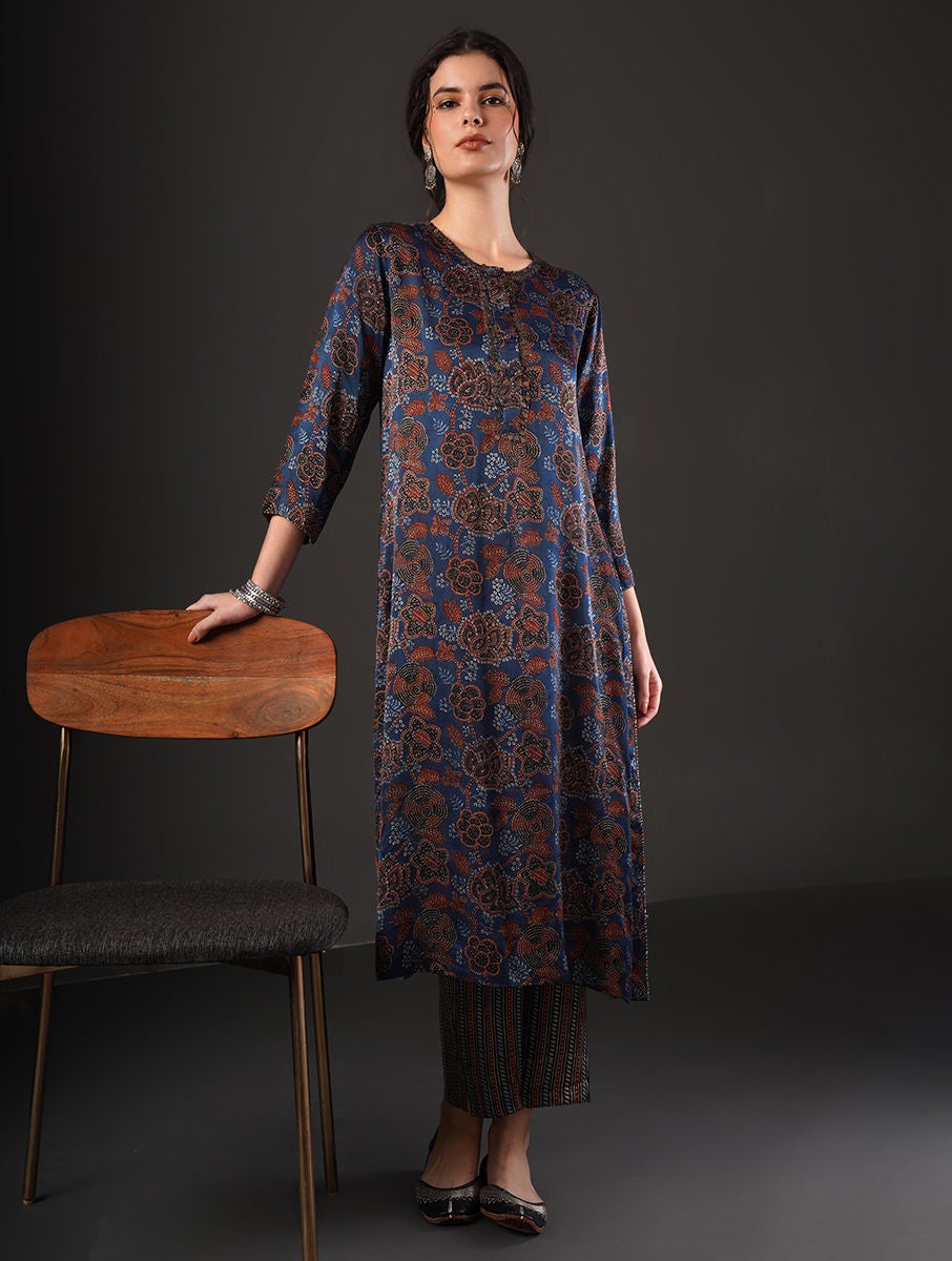 Women Indigo Blue Modal Ajrakh Round Neck Regular Fit Kurta