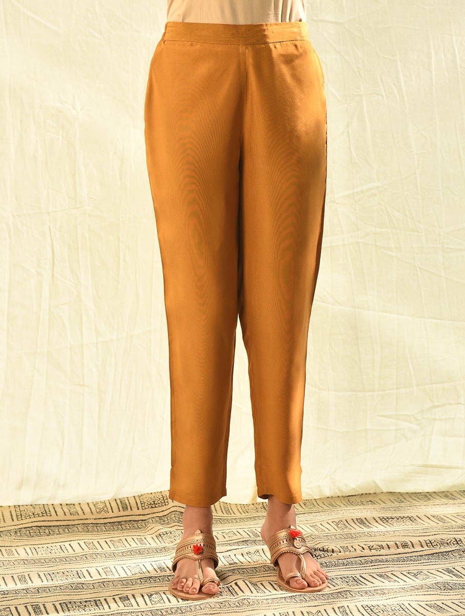 Women Mustard Yellow Heavy Muslin Solid Ankle Length Regular Fit Pant - XS