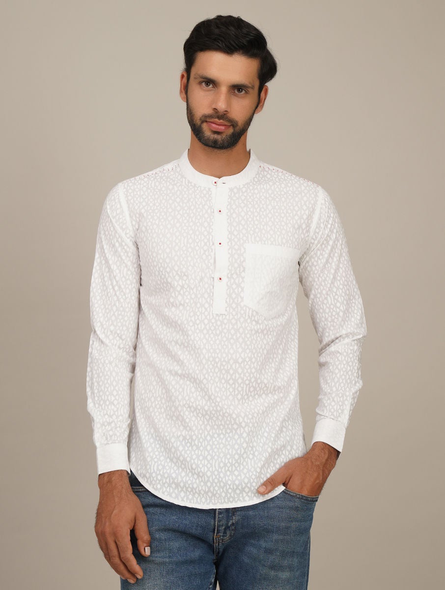 Men White Cotton Block Print Mandarin Collar Regular Fit Kurta - 38