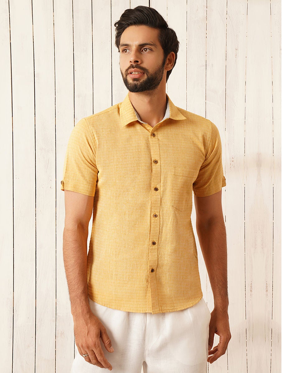 Men Mustard Yellow Cotton Self Design Shirt Collar Regular Fit Shirt - 38