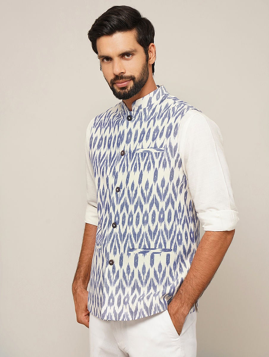 Men White Ikat Cotton Nehru Jacket - 38