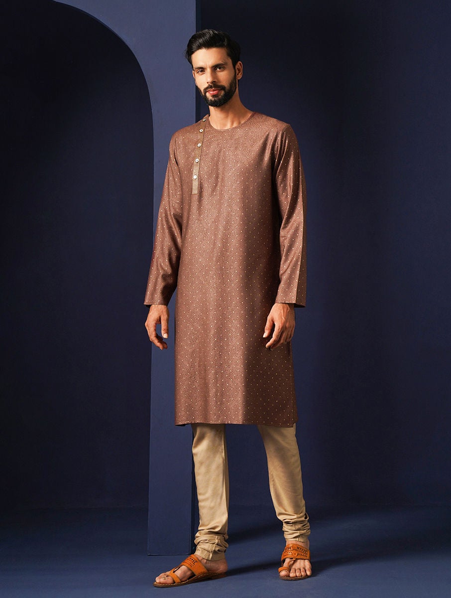 Men Brown Silk Viscose Block Print Round Neck Regular Fit Kurta - 38