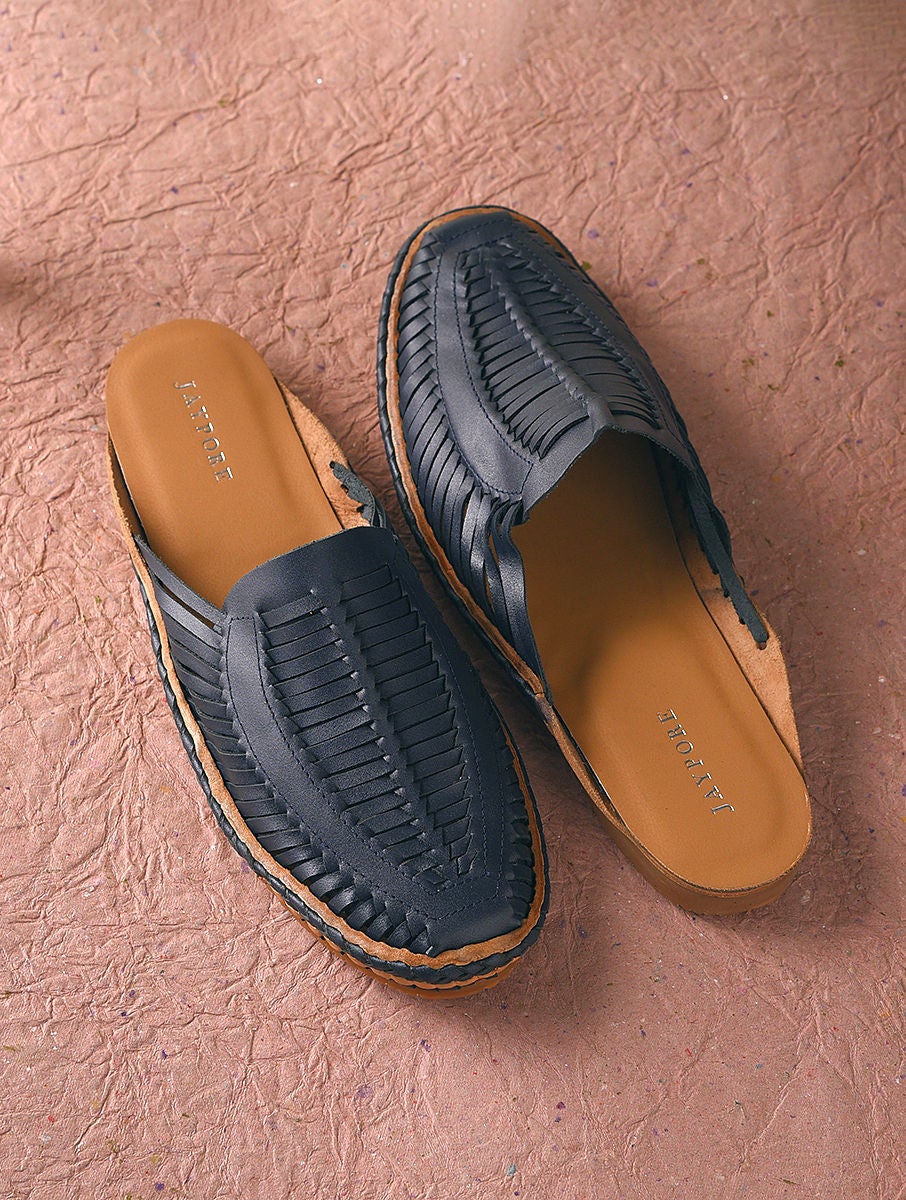 Men Navy Blue Handcrafted Genuine Leather Mules for Men - 6