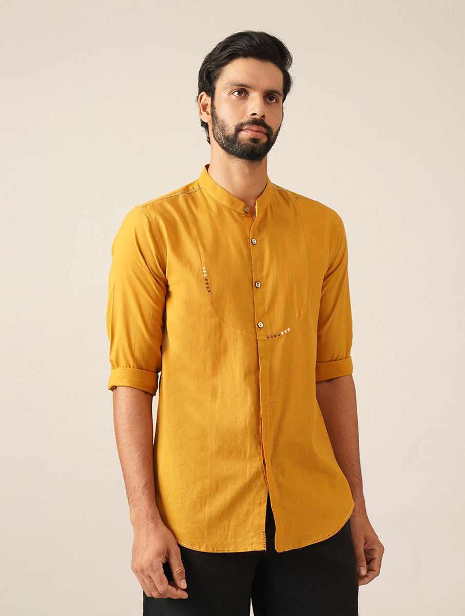 Men Mustard Yellow Cotton Embroidered Mandarin Collar Regular Fit Shirt - 44