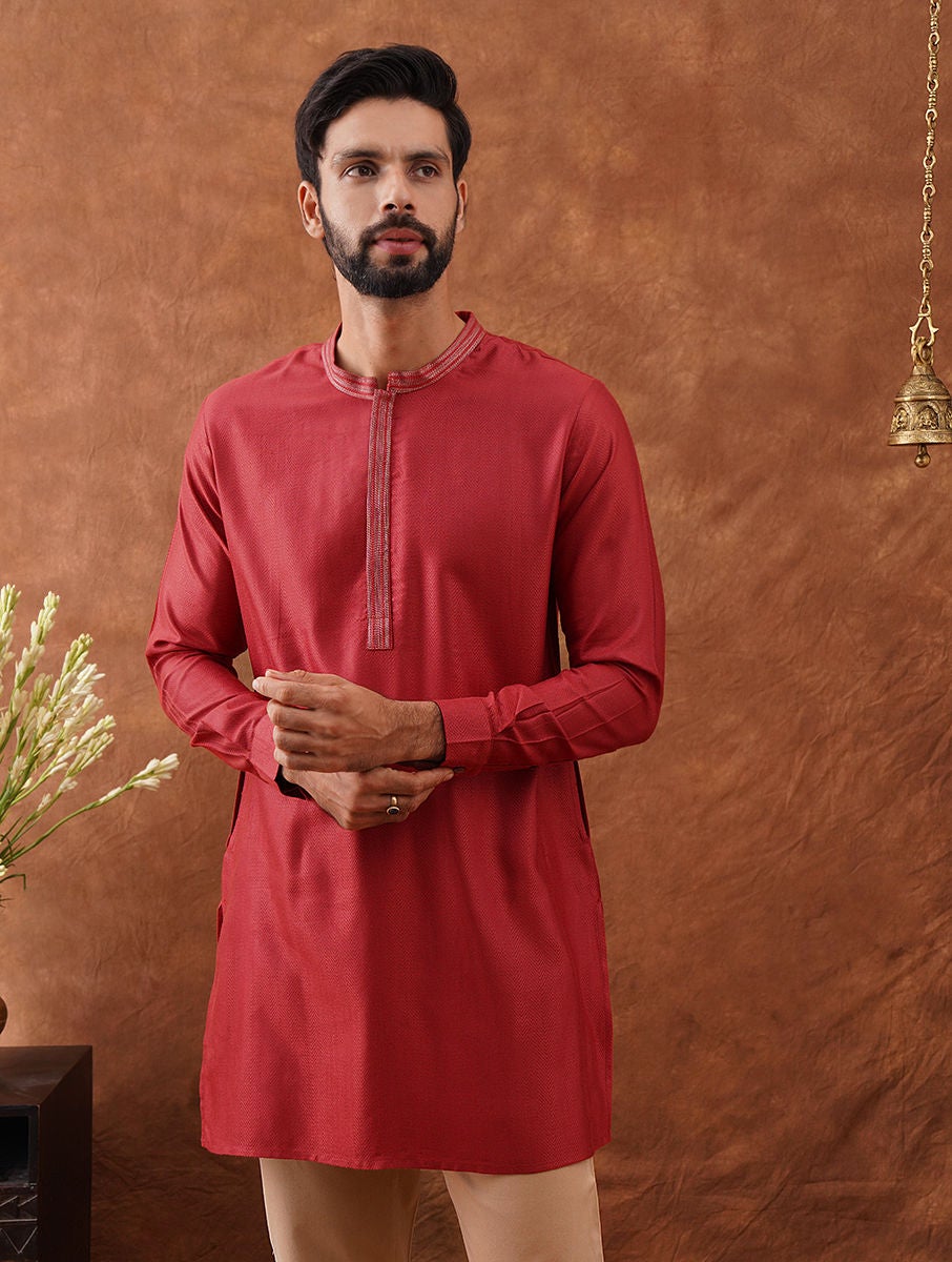 Men Red Silk Viscose Mandarin Collar Regular Fit Kurta - 38