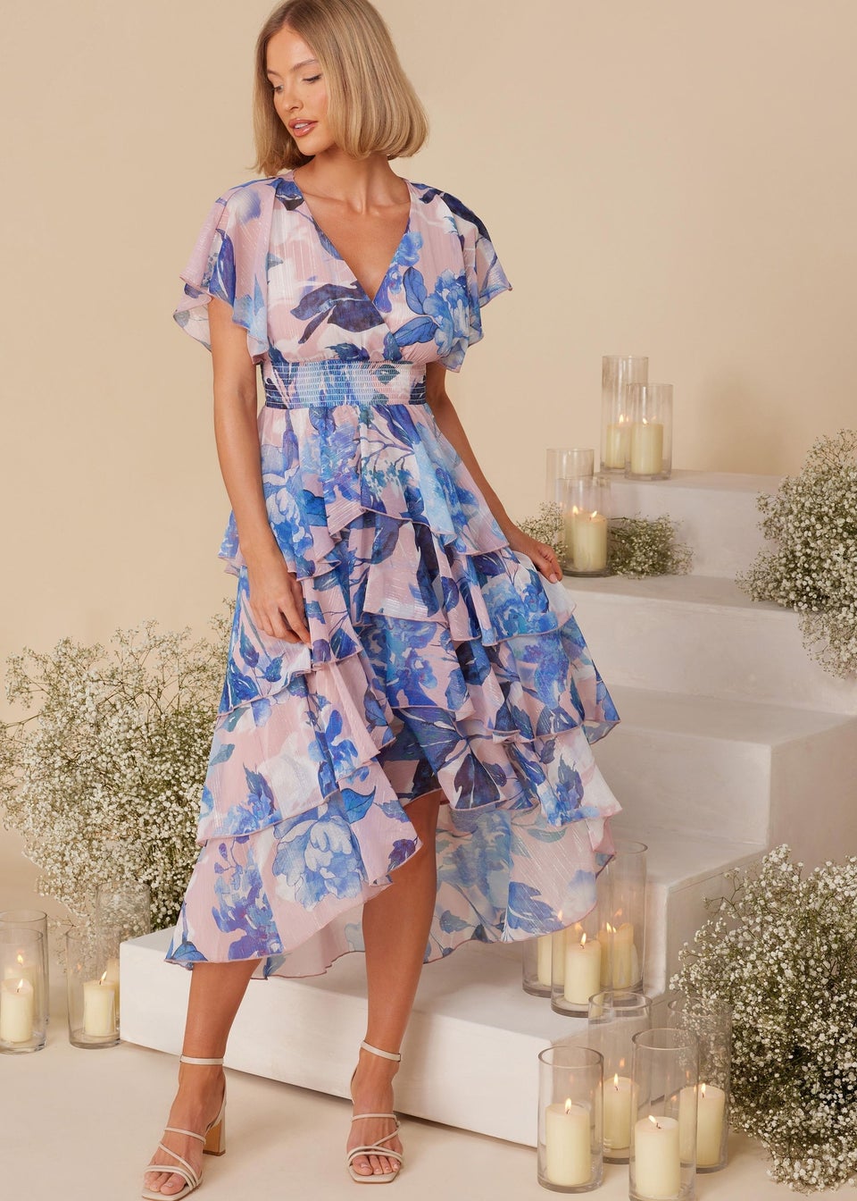 Quiz Blue Chiffon Floral Dip Hem Tiered Midi Dress