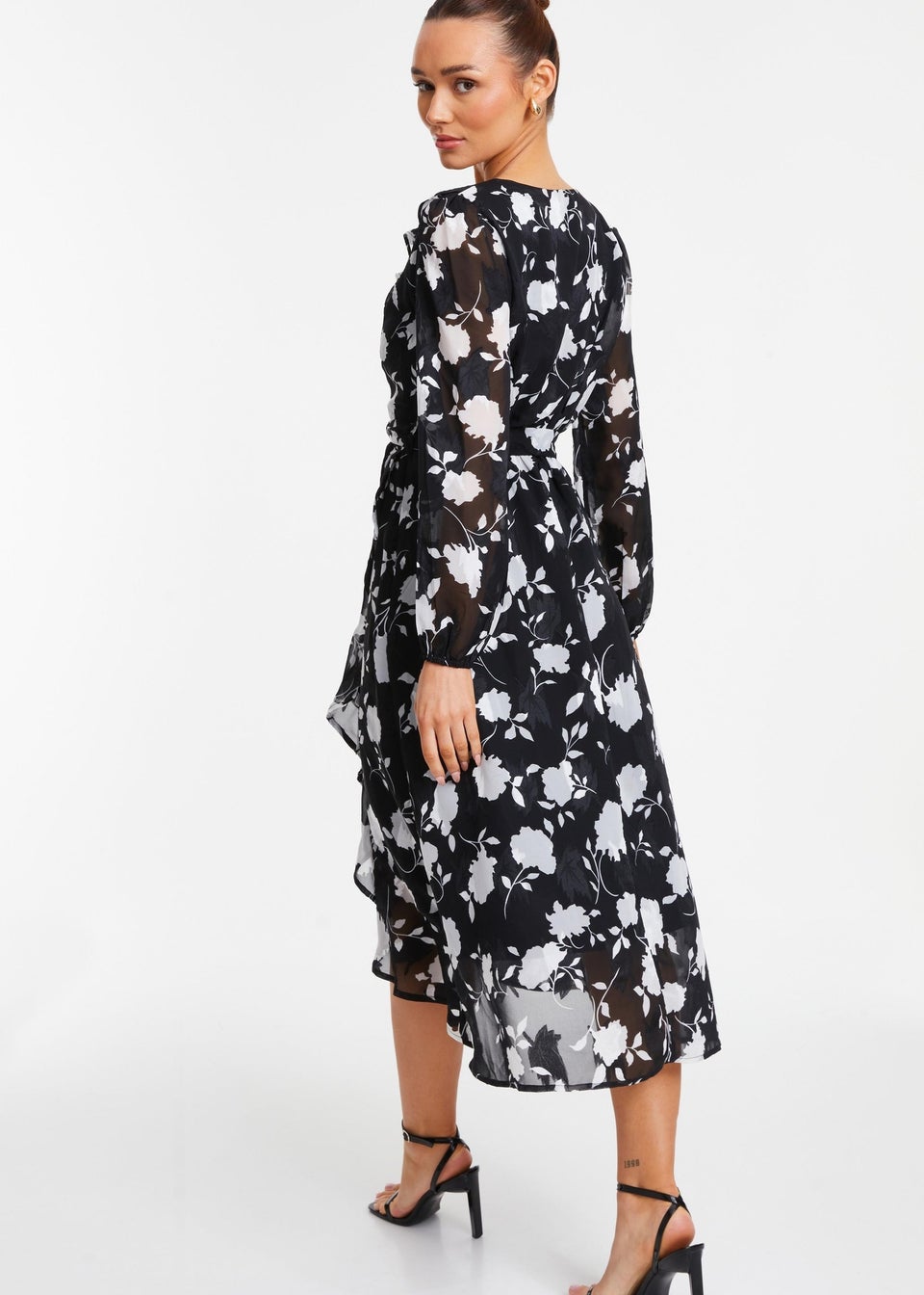 Quiz Black Floral Frill Dip Hem Midi Dress