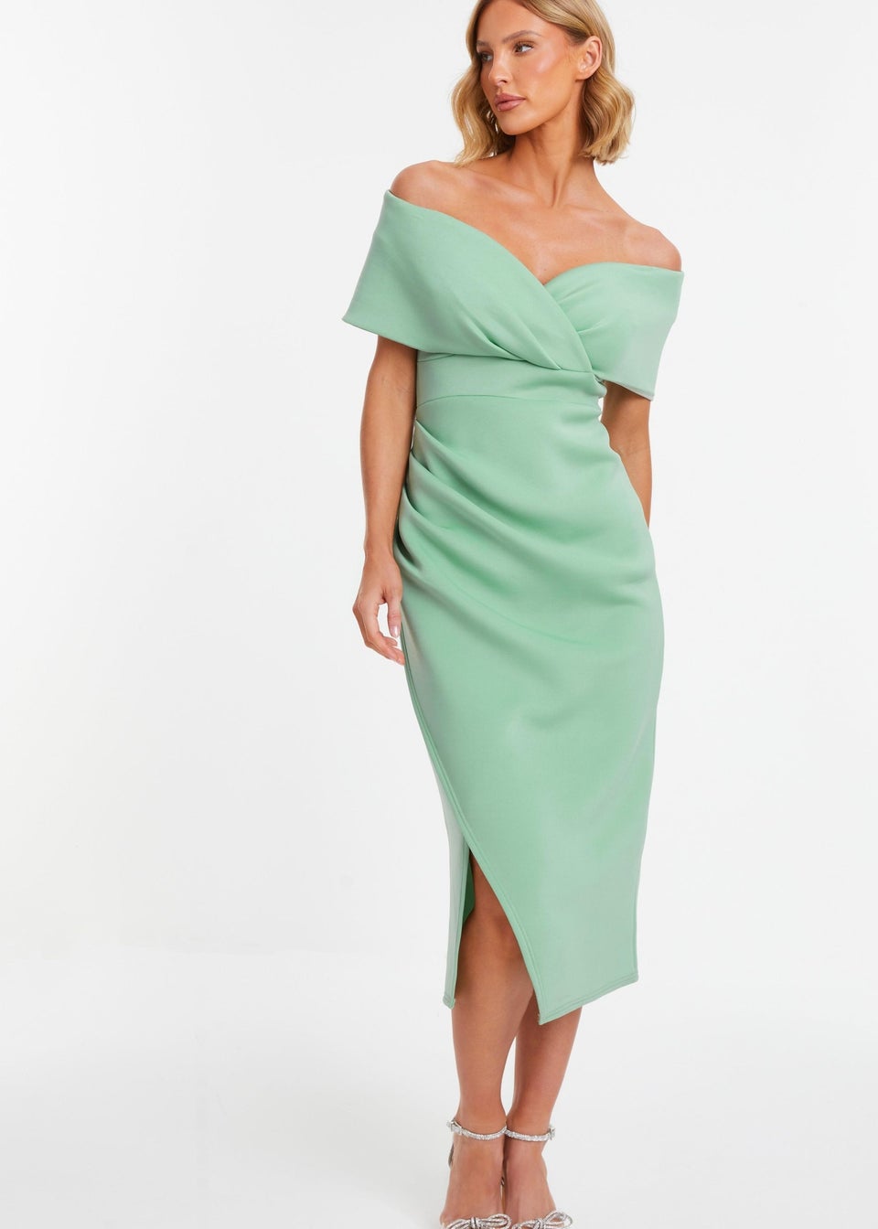 Quiz Green Bardot Ruched Wrap Midi Dress