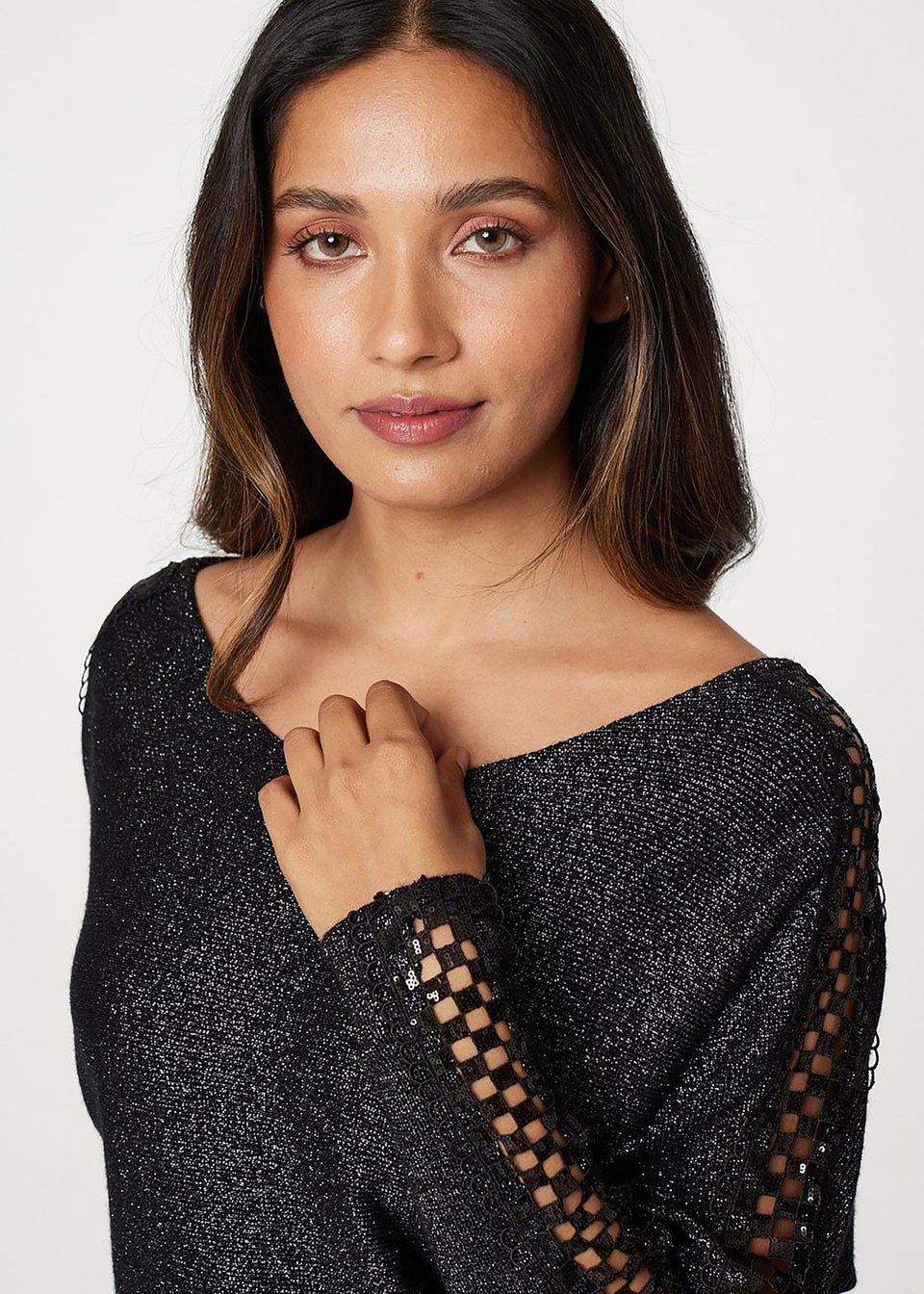 Izabel London Black Metallic Lace Sleeve Knit Pullover