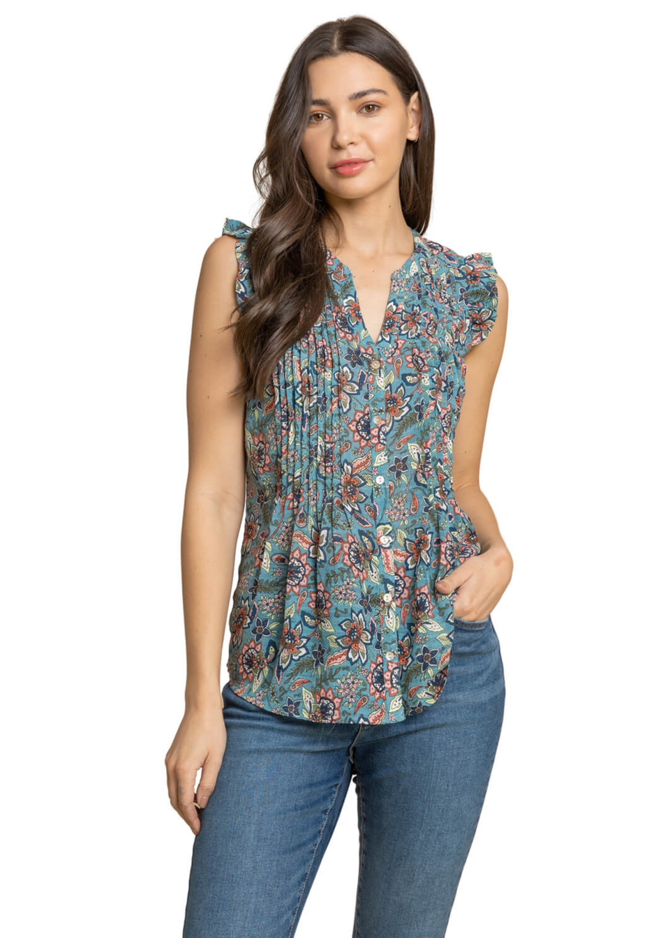 Roman Teal Sleeveless Frill Detail Floral Blouse