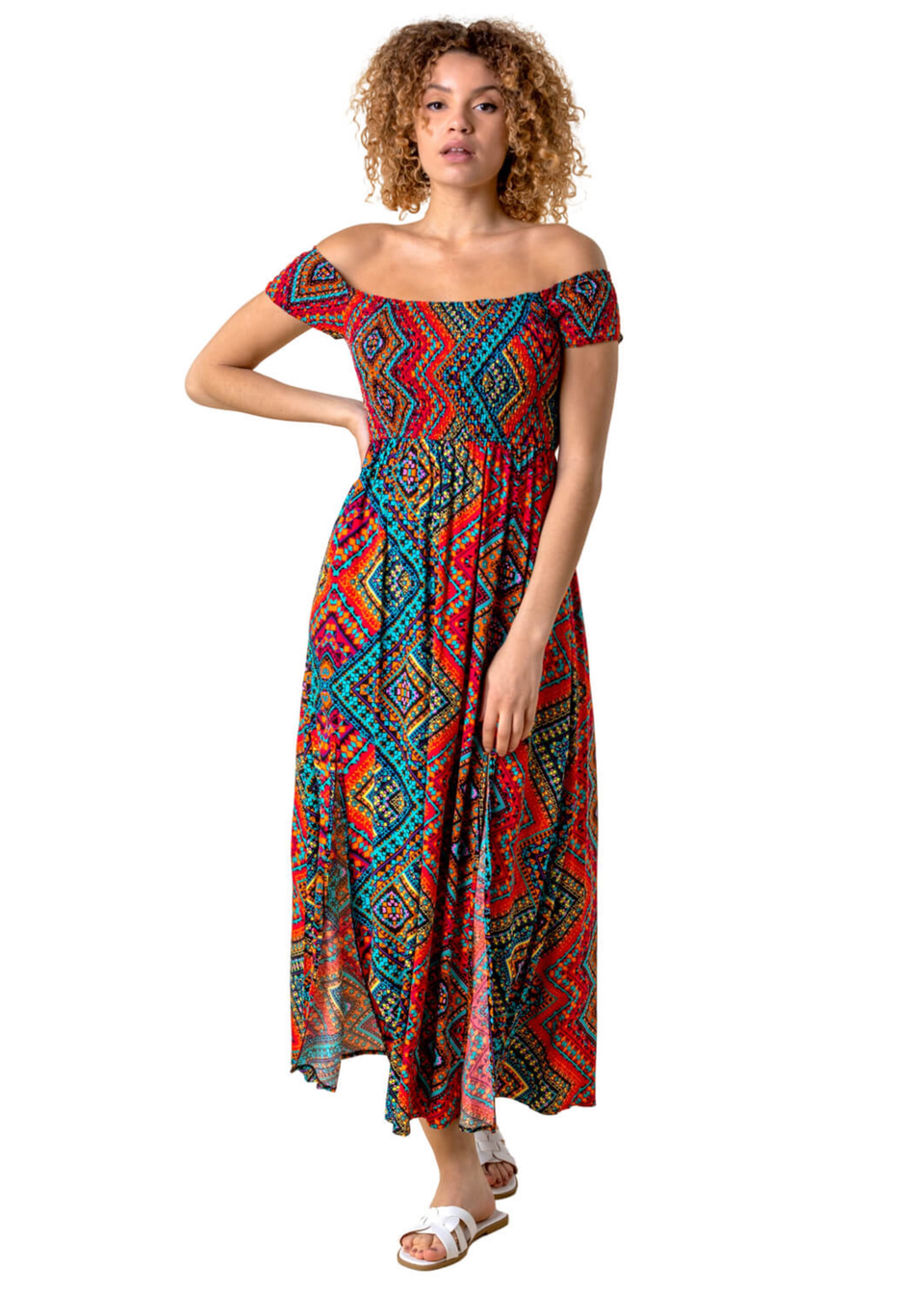 Roman Multi Shirred Aztec Print Bardot Dress