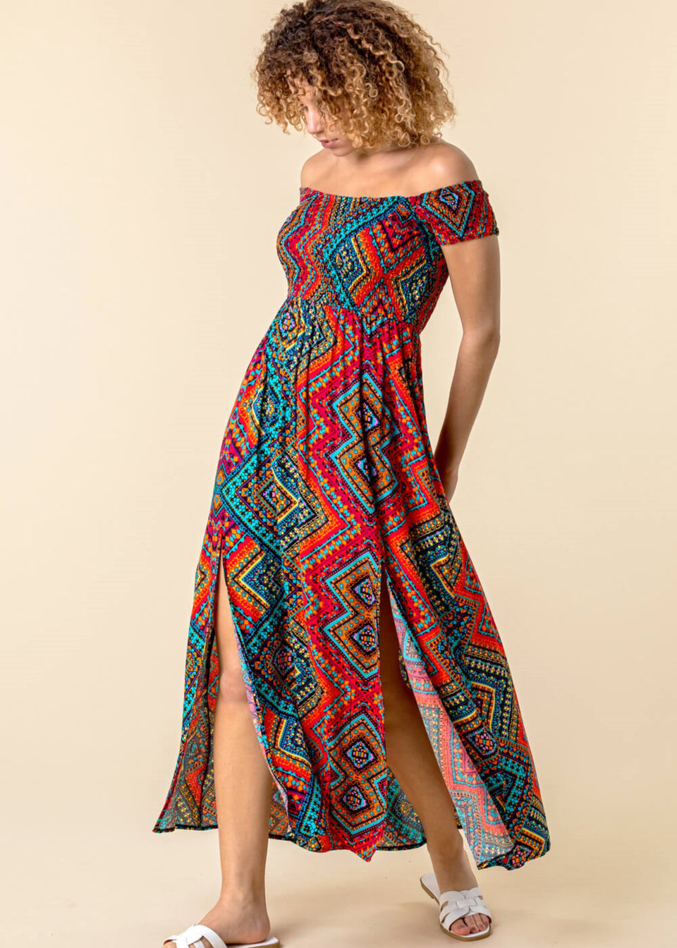 Roman Multi Shirred Aztec Print Bardot Dress