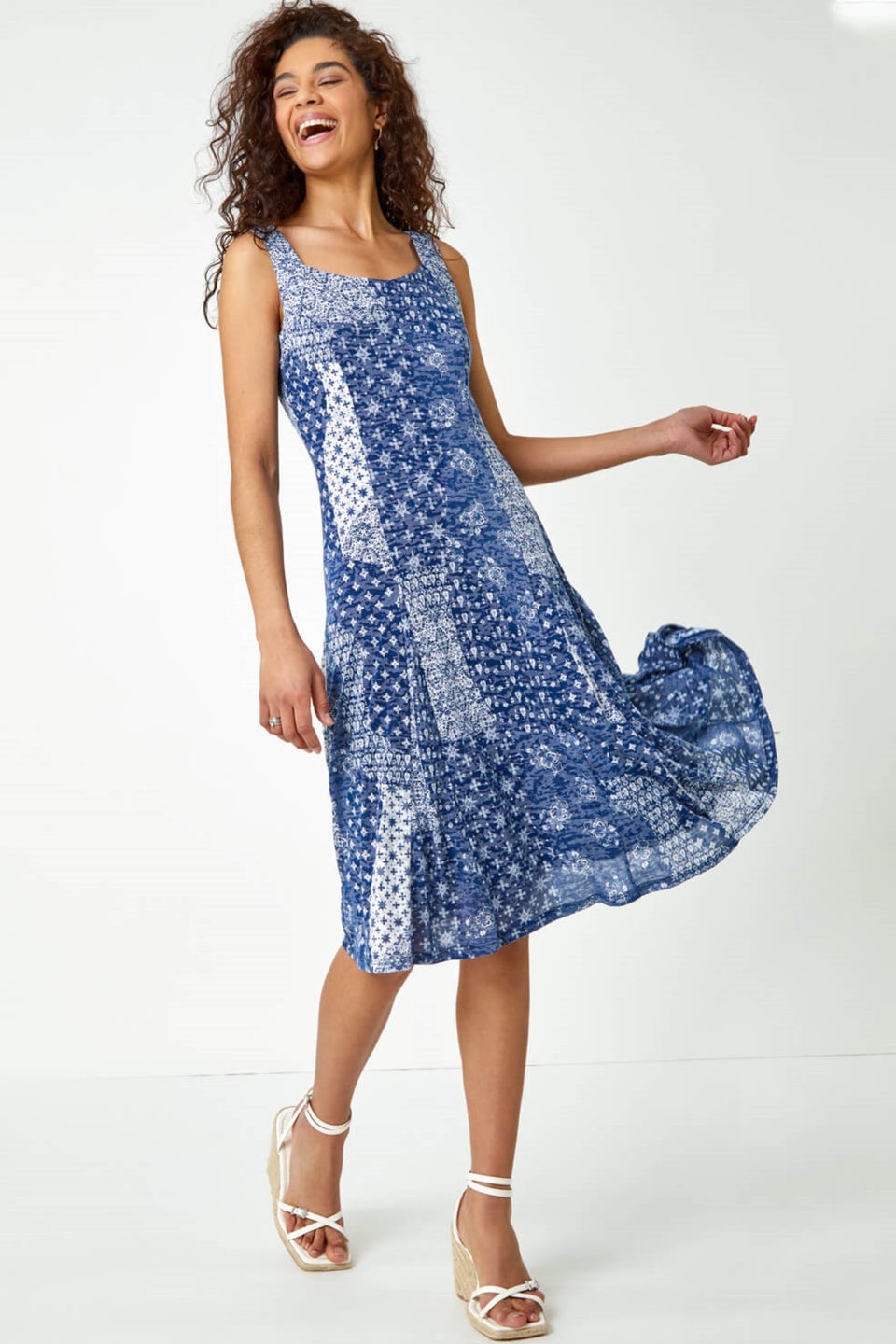 Roman Blue Patchwork Print Fit and Flare Dress