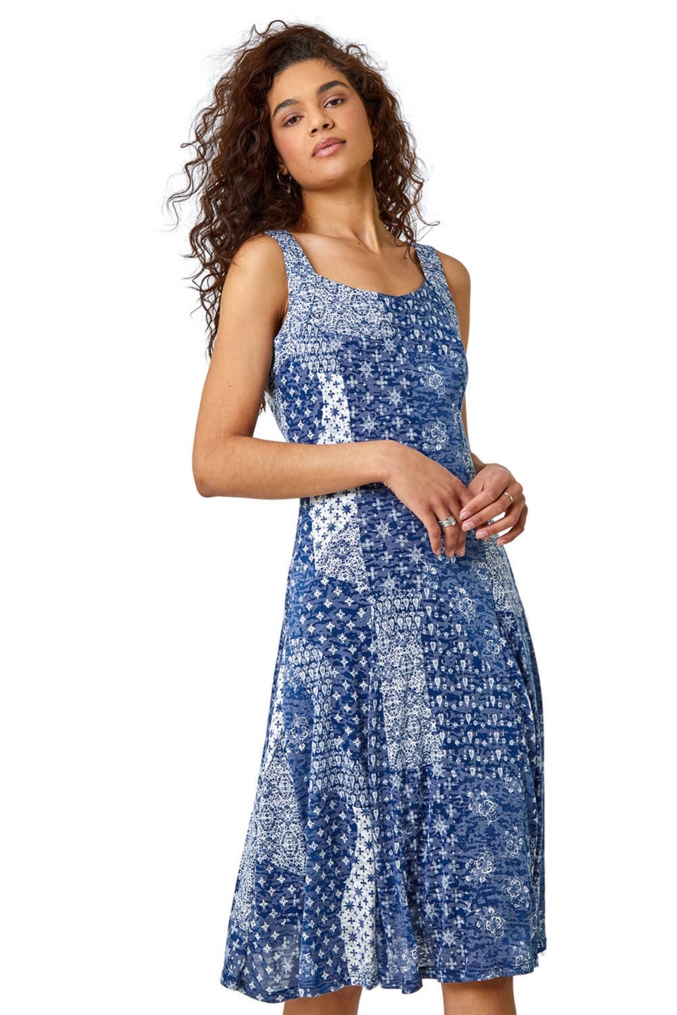 Roman Blue Patchwork Print Fit and Flare Dress