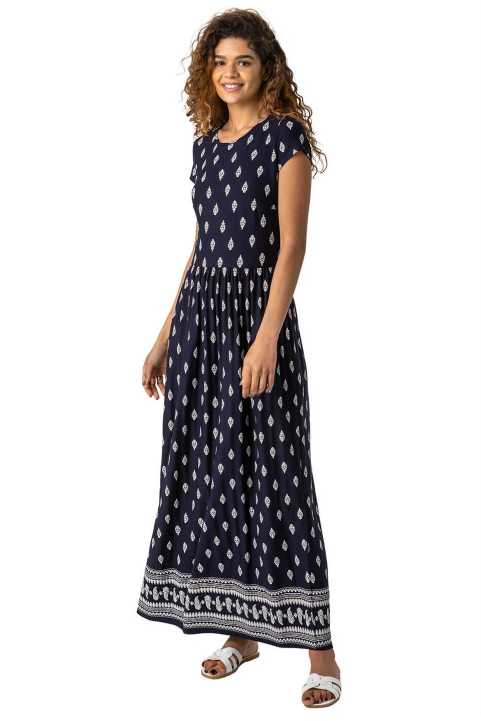 Roman Navy Paisley Border Print Stretch Maxi Dress