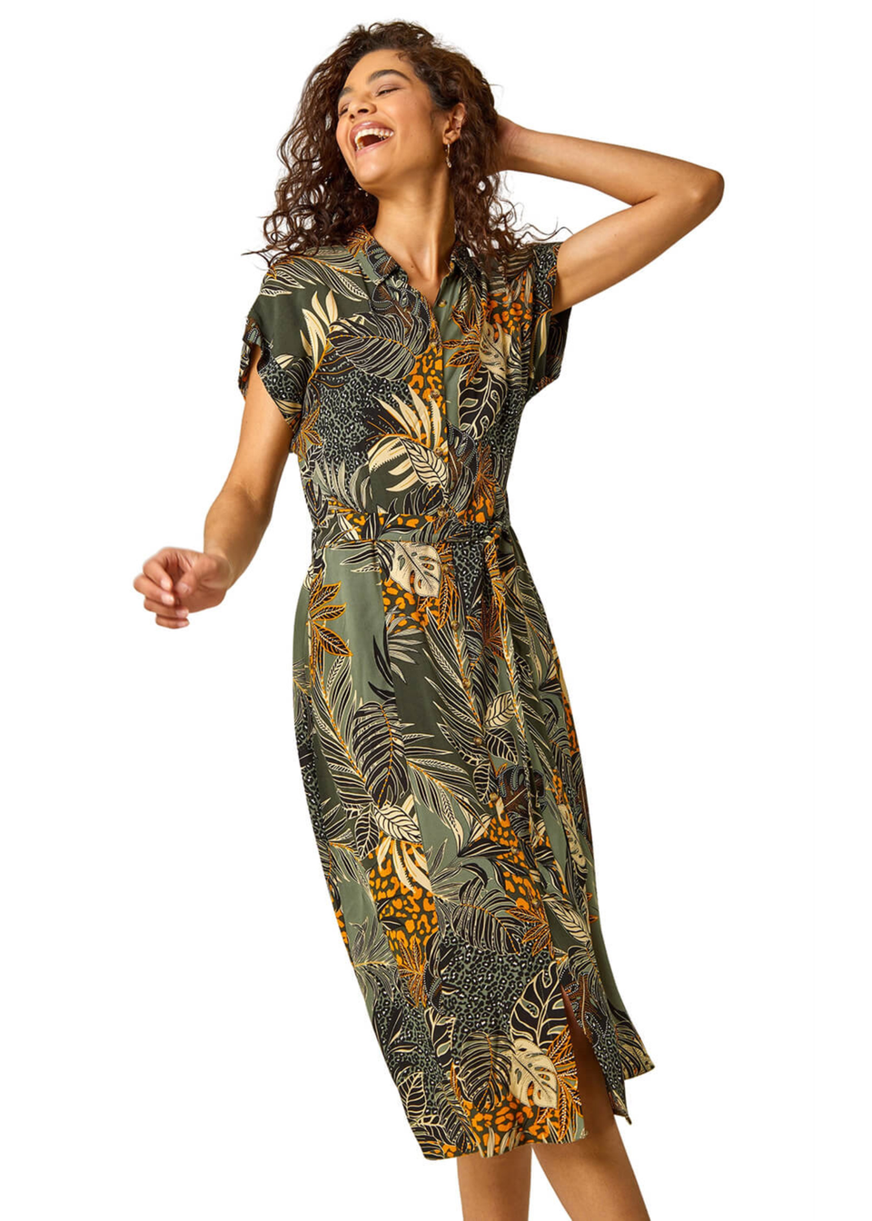 Roman Green Tropical Leaf Print Shirt Dress