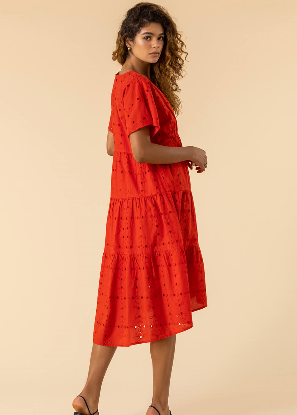 Roman Red Broderie Tiered Smock Dress