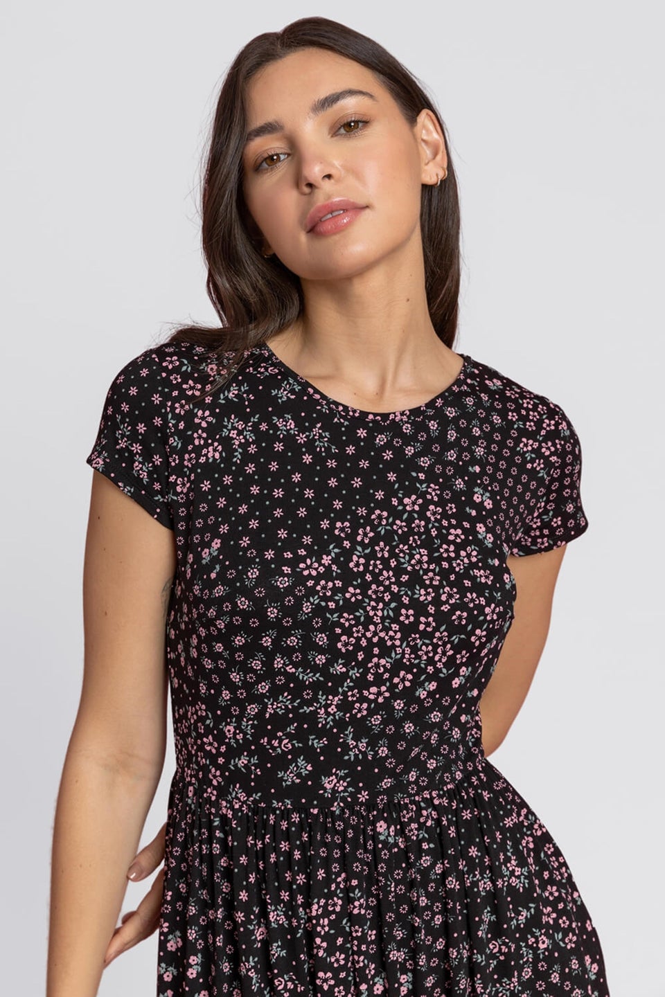 Roman Black Patchwork Floral Stretch Jersey Dress