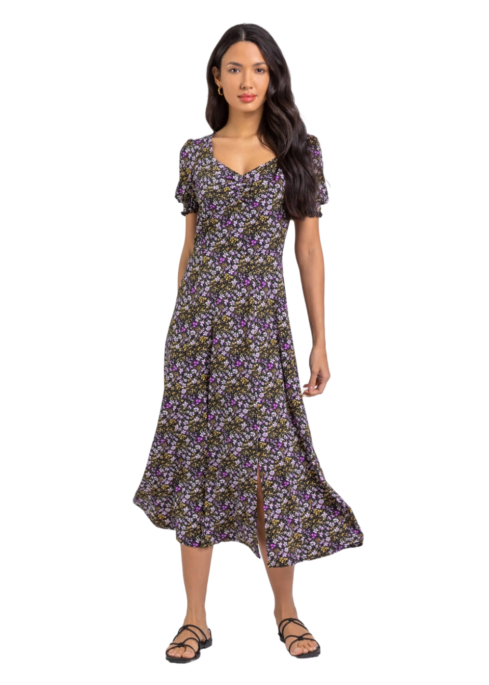 Roman Lilac Ditsy Floral Ruched Midi Dress - Matalan