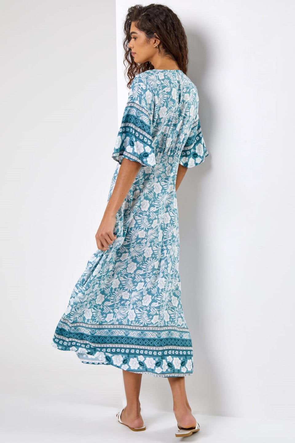Roman Light Blue Floral Border Print Midi Dress