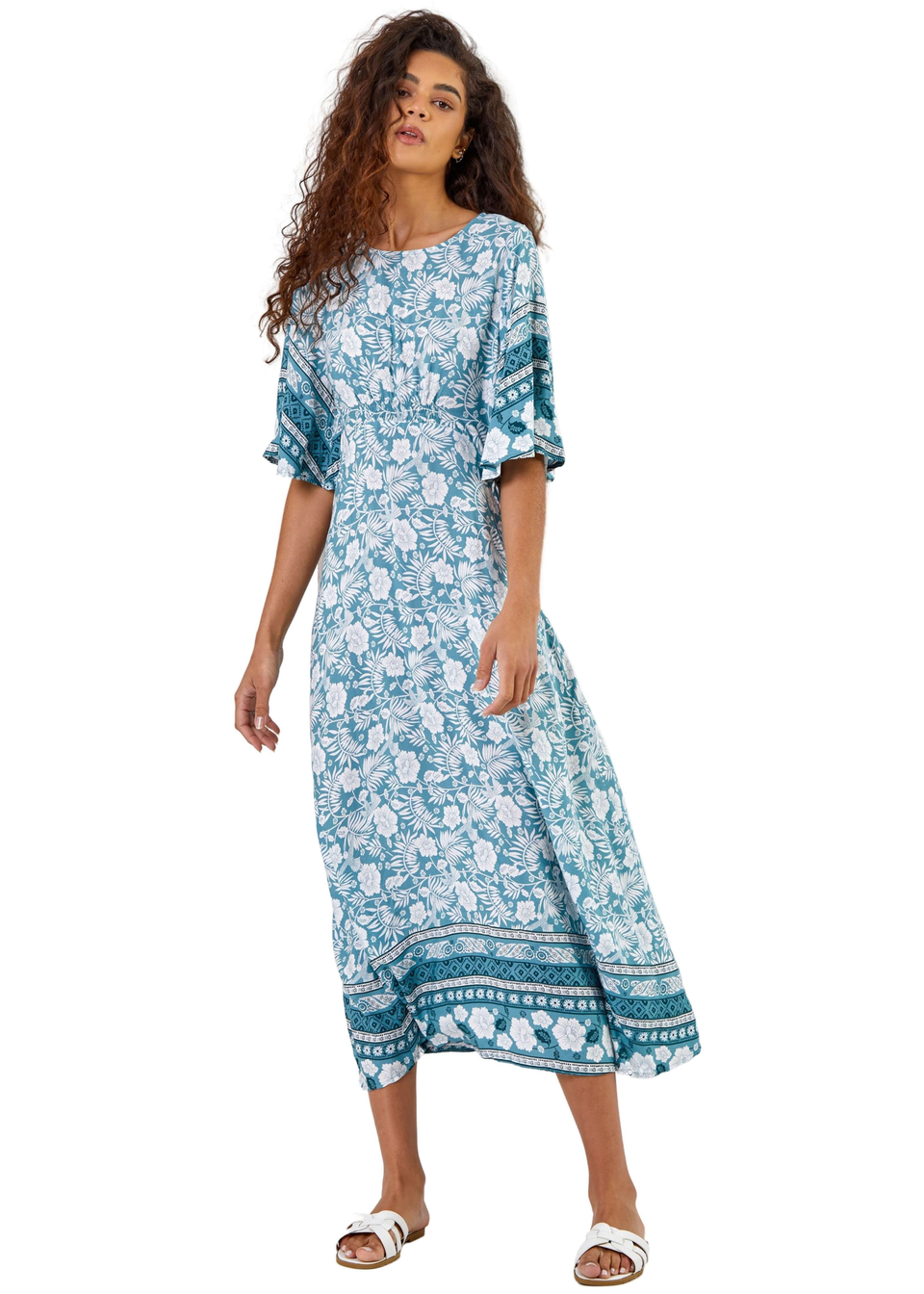 Roman Light Blue Floral Border Print Midi Dress