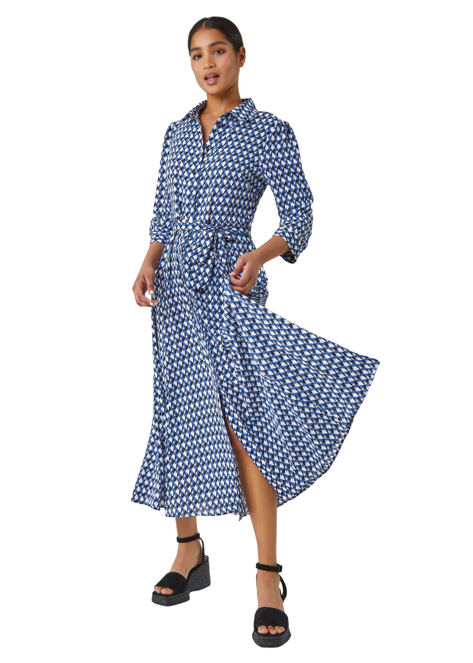 Roman Blue Geometric Print Tie Waist Midi Shirt Dress