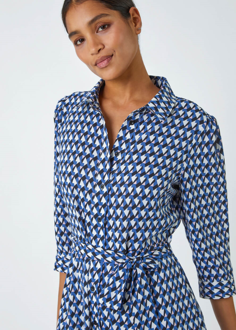 Roman Blue Geometric Print Tie Waist Midi Shirt Dress