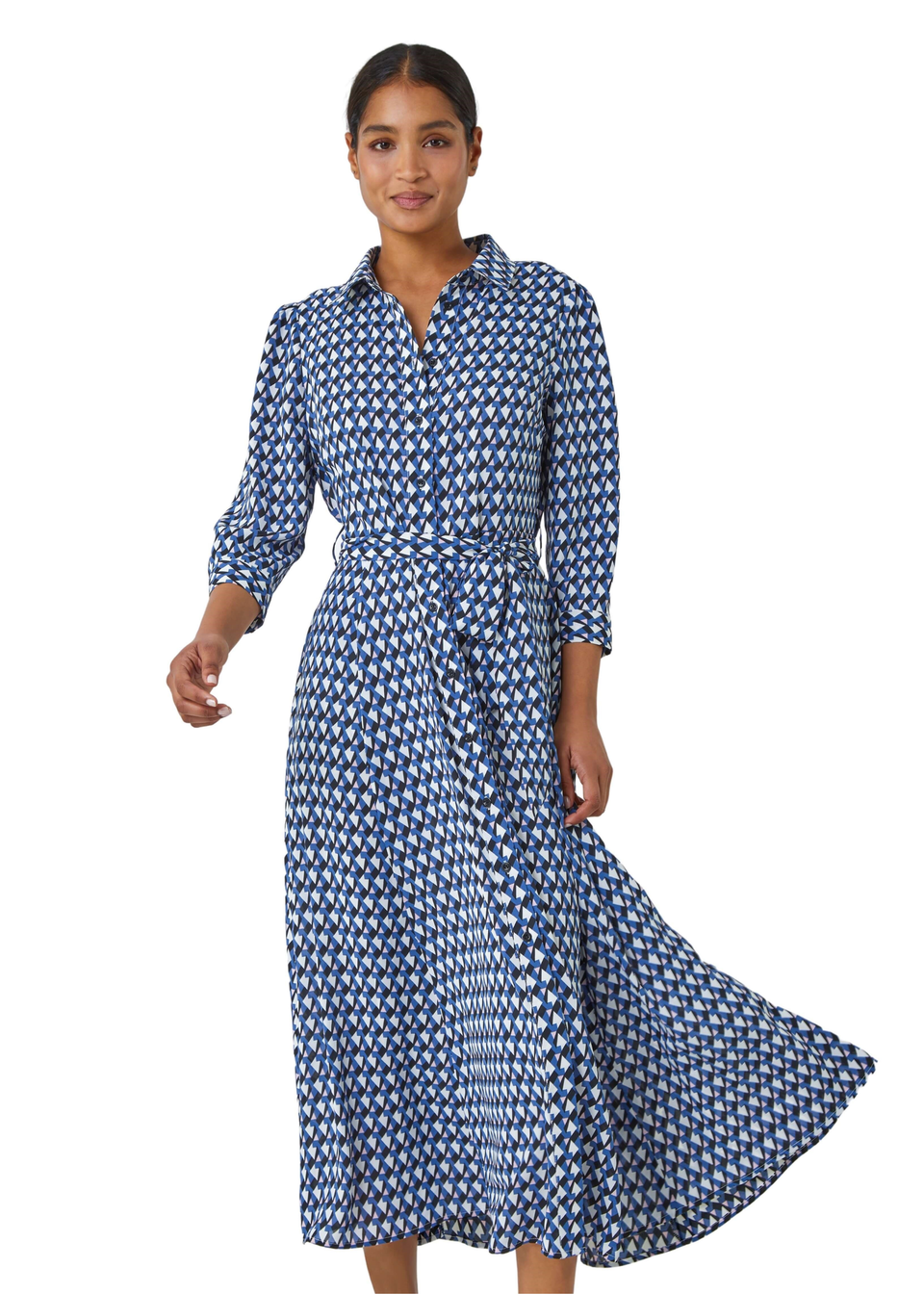 Roman Blue Geometric Print Tie Waist Midi Shirt Dress