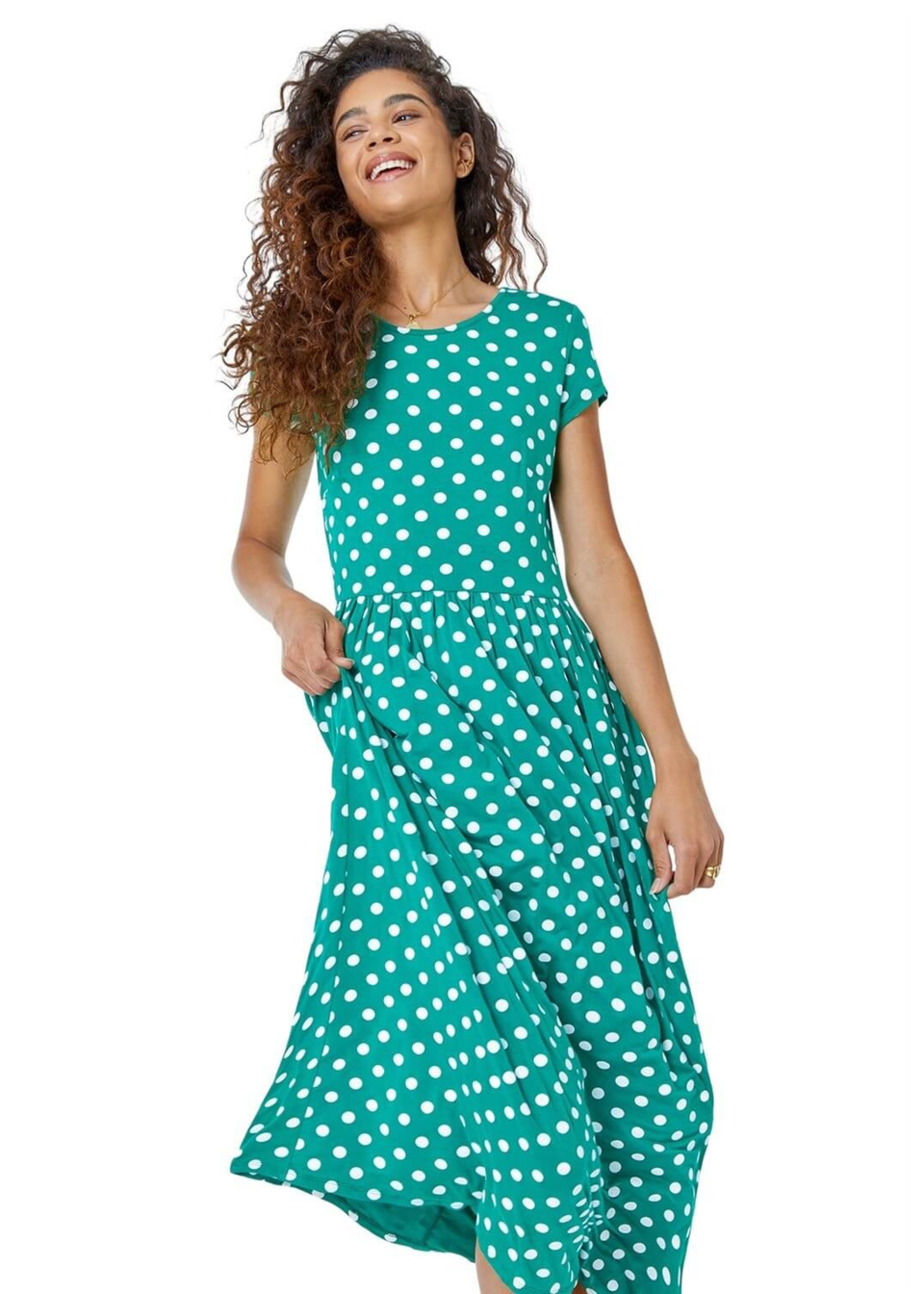 Roman Green Spot Print Stretch Midi Dress