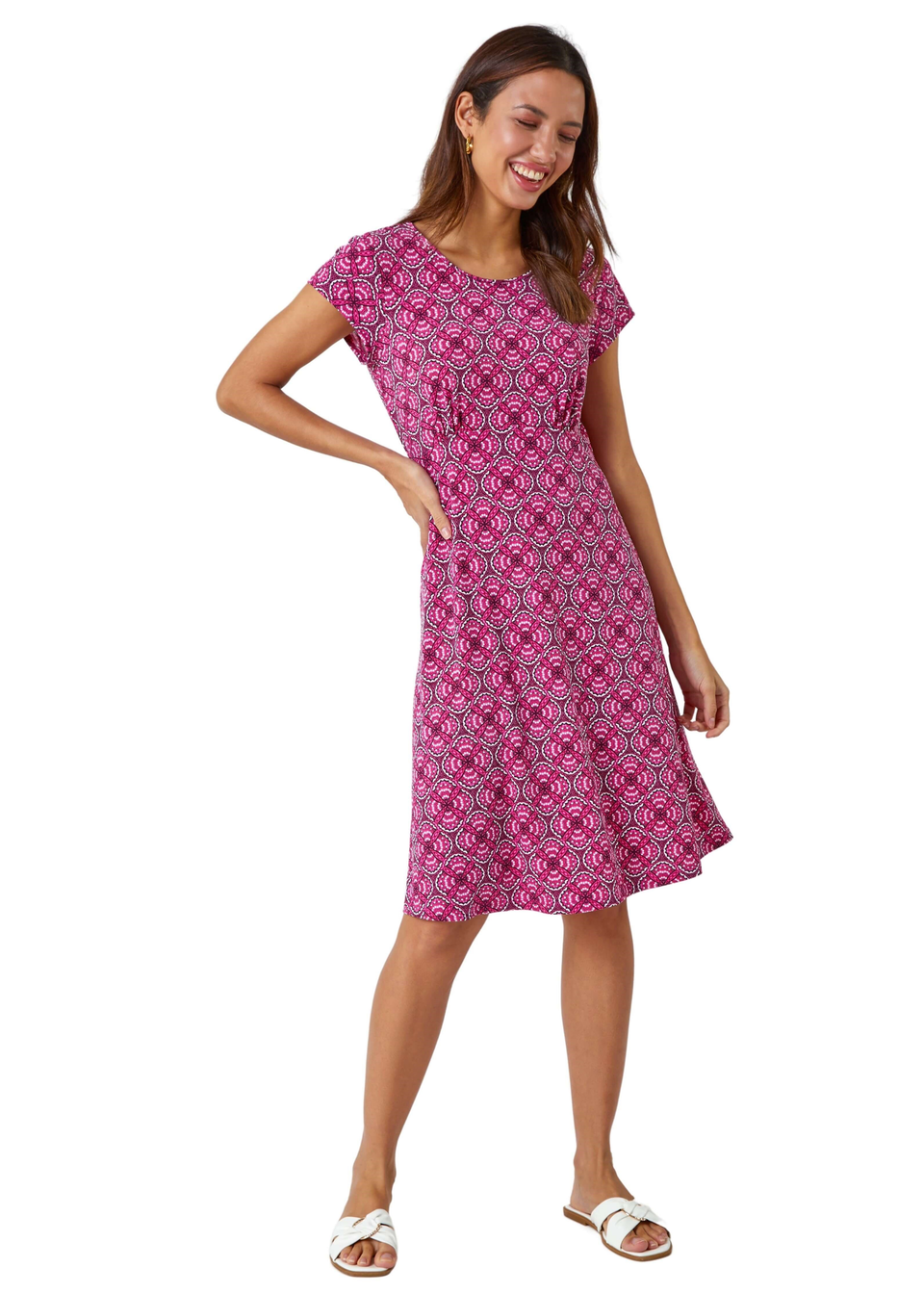 Roman Pink Geo Print Textured Stretch Dress