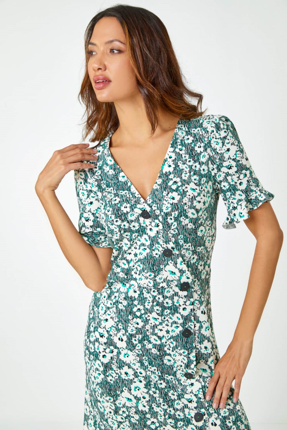 Roman Green  Stretch Floral Print Button Tea Dress