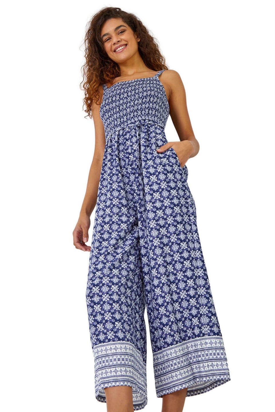Roman Blue Border Print Culotte Jumpsuit