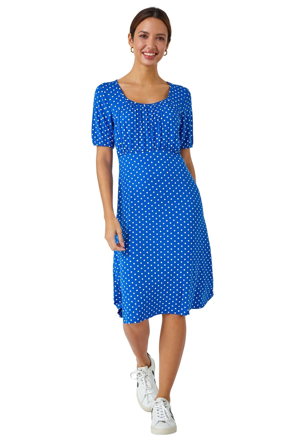 Roman Royal Blue Polka Dot Print Stretch Dress