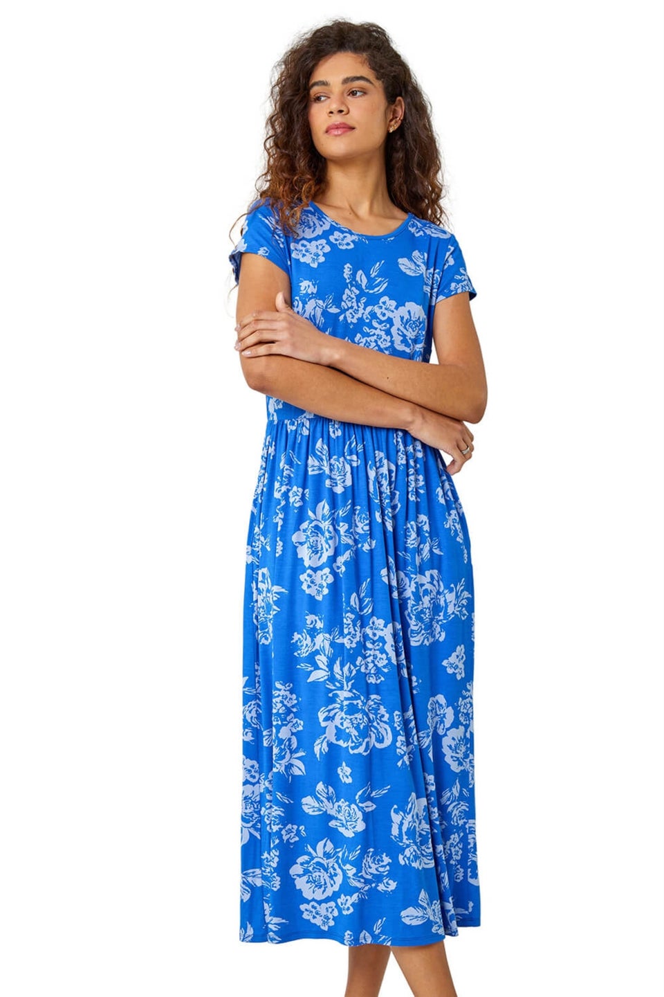 Roman Blue Floral Print Midi Stretch Dress