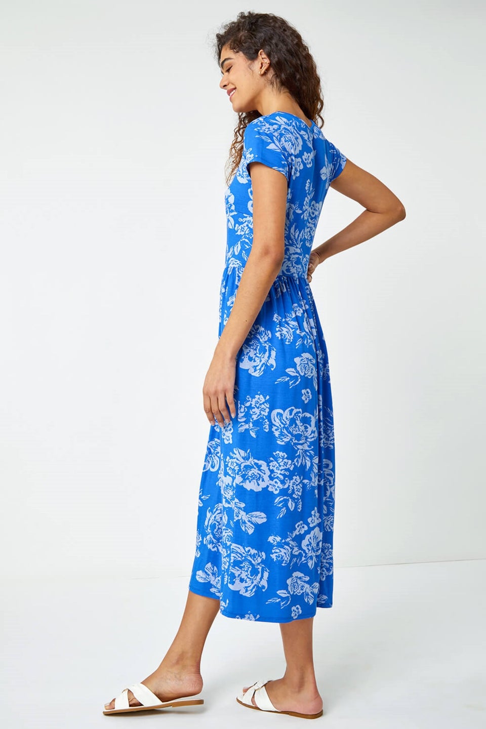 Roman Blue Floral Print Midi Stretch Dress - Matalan