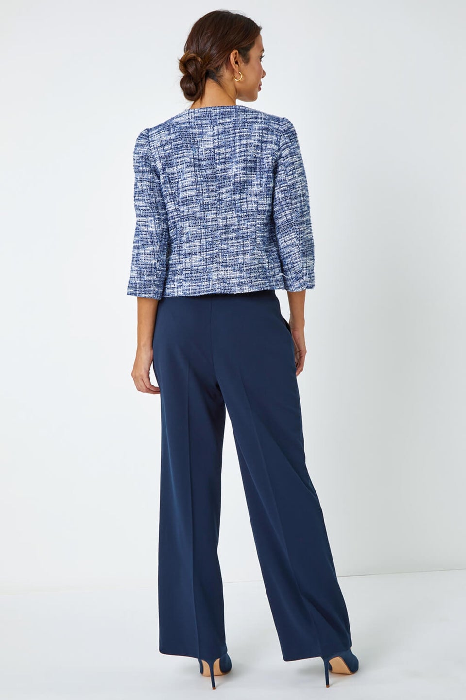 Roman Blue Collarless Cropped Boucle Jacket