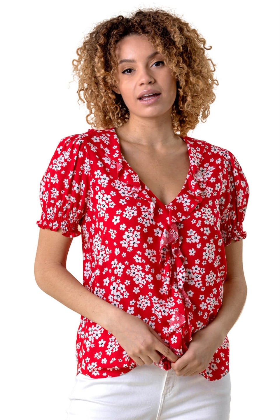 Roman Red Floral Print Frill Detail Blouse