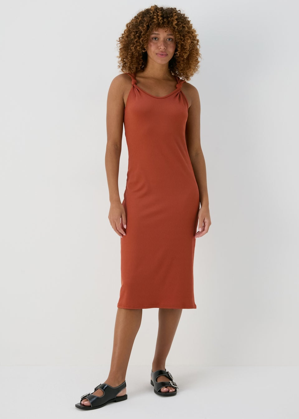 Rust Knot Strap Ribbed Sleeveless Dress