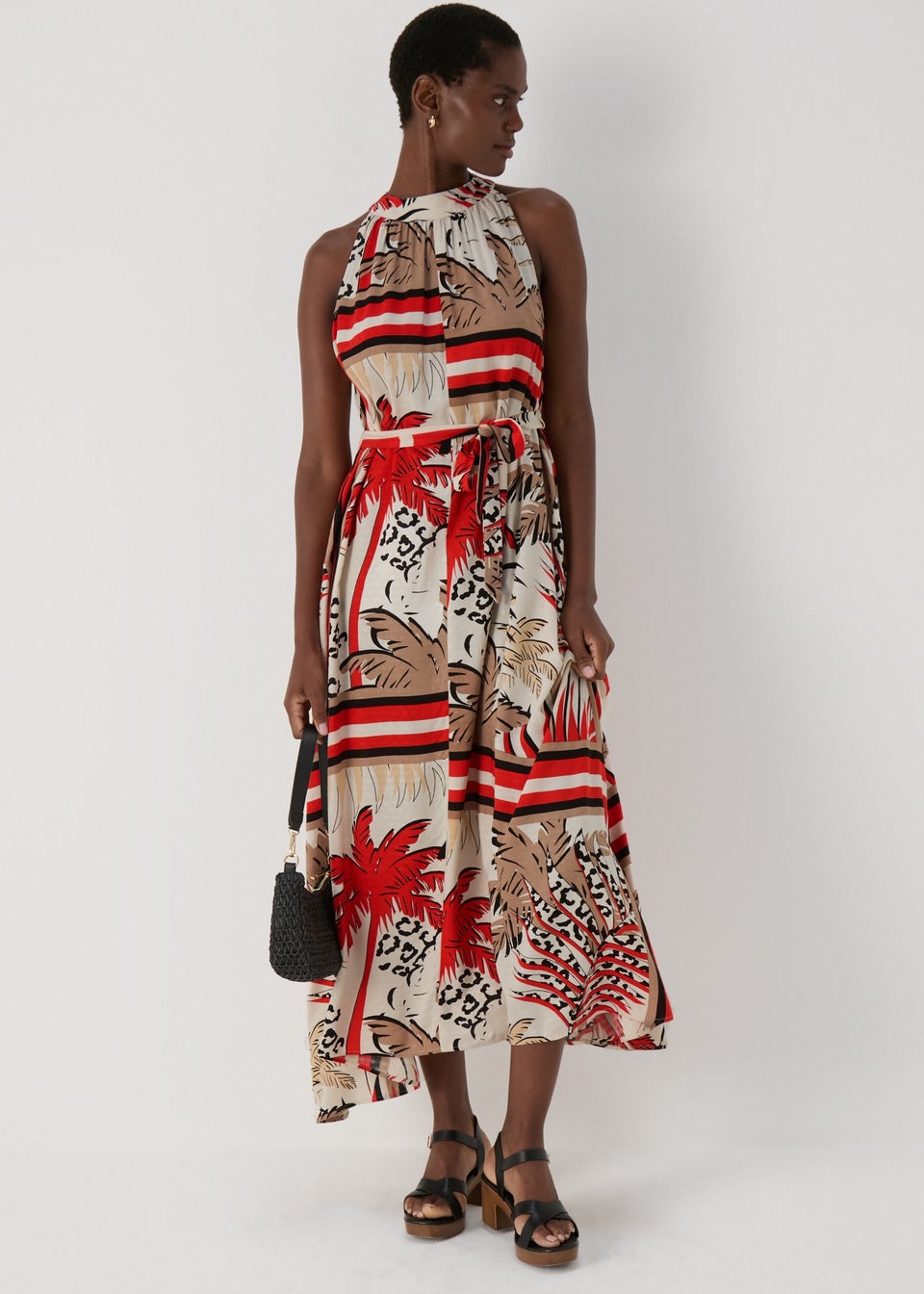 Multicolour Scarf Print Halterneck Midi Dress