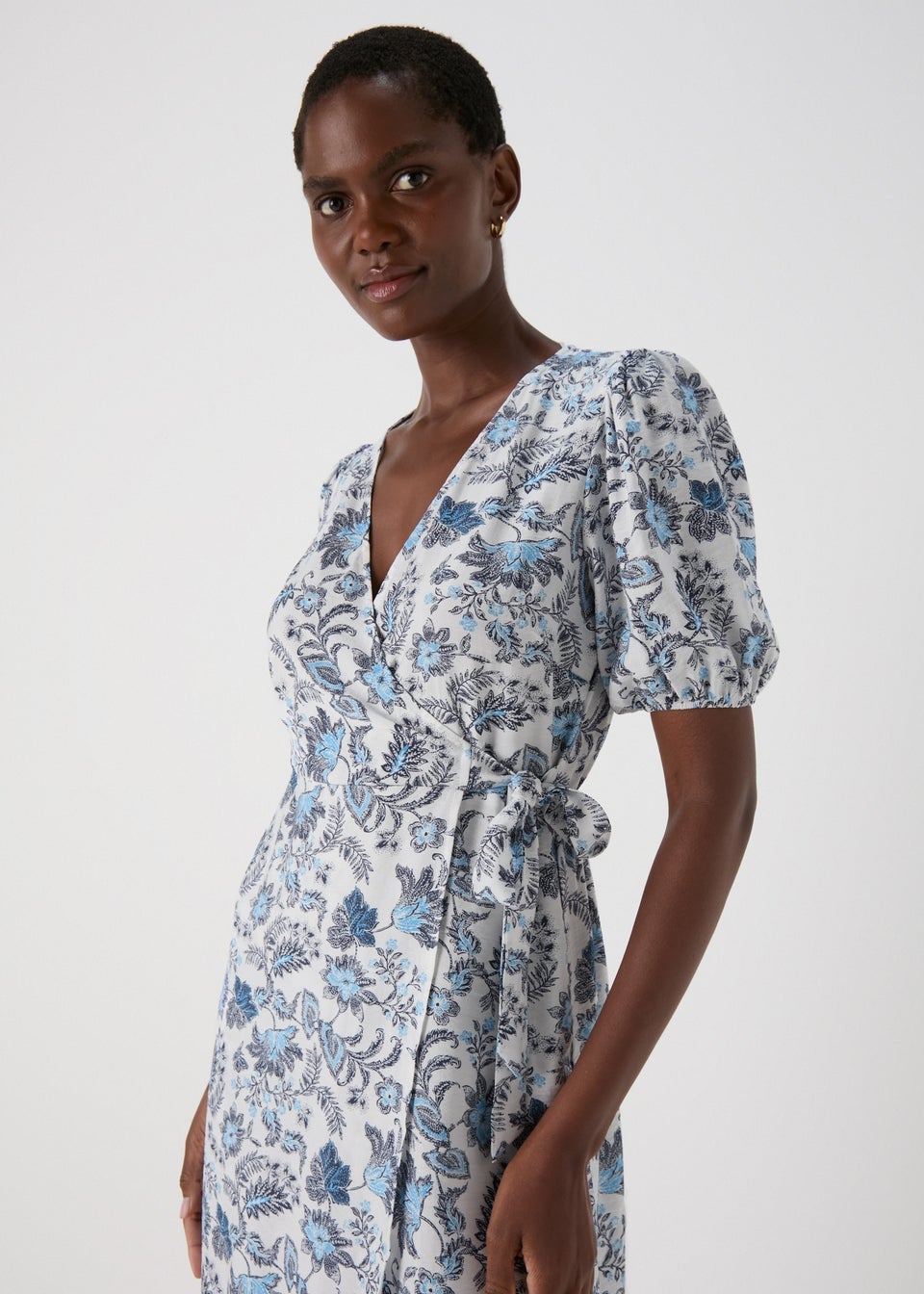 Blue Floral Wrap Midi Dress