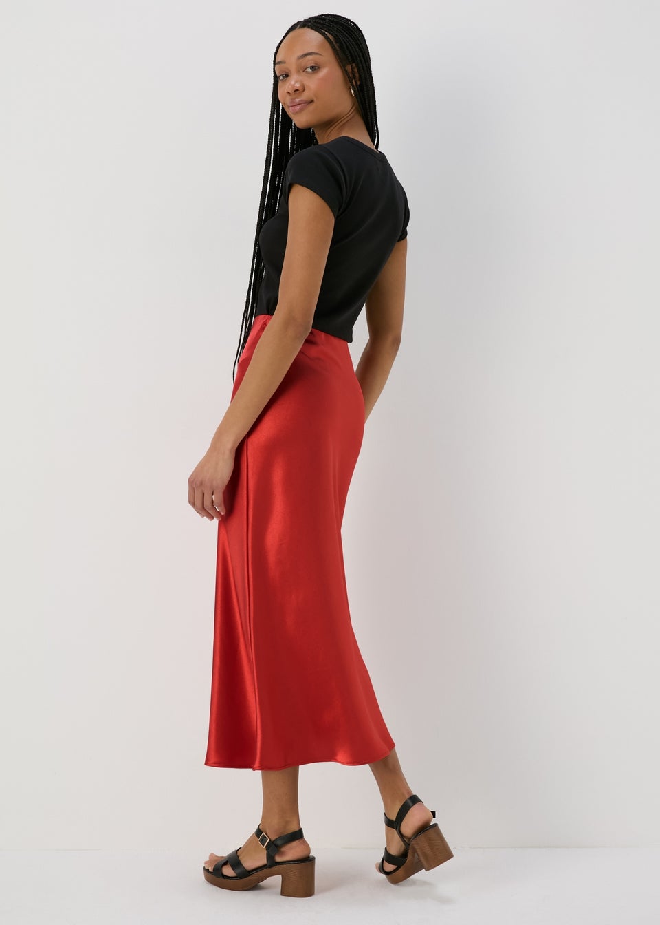 Red Satin Midi Skirt