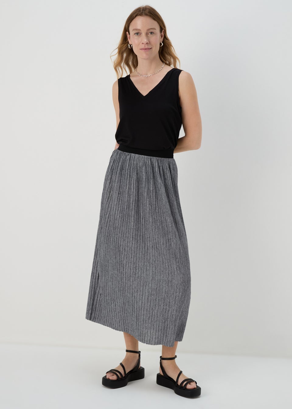 Grey Pleated Midi Jersey Skirt