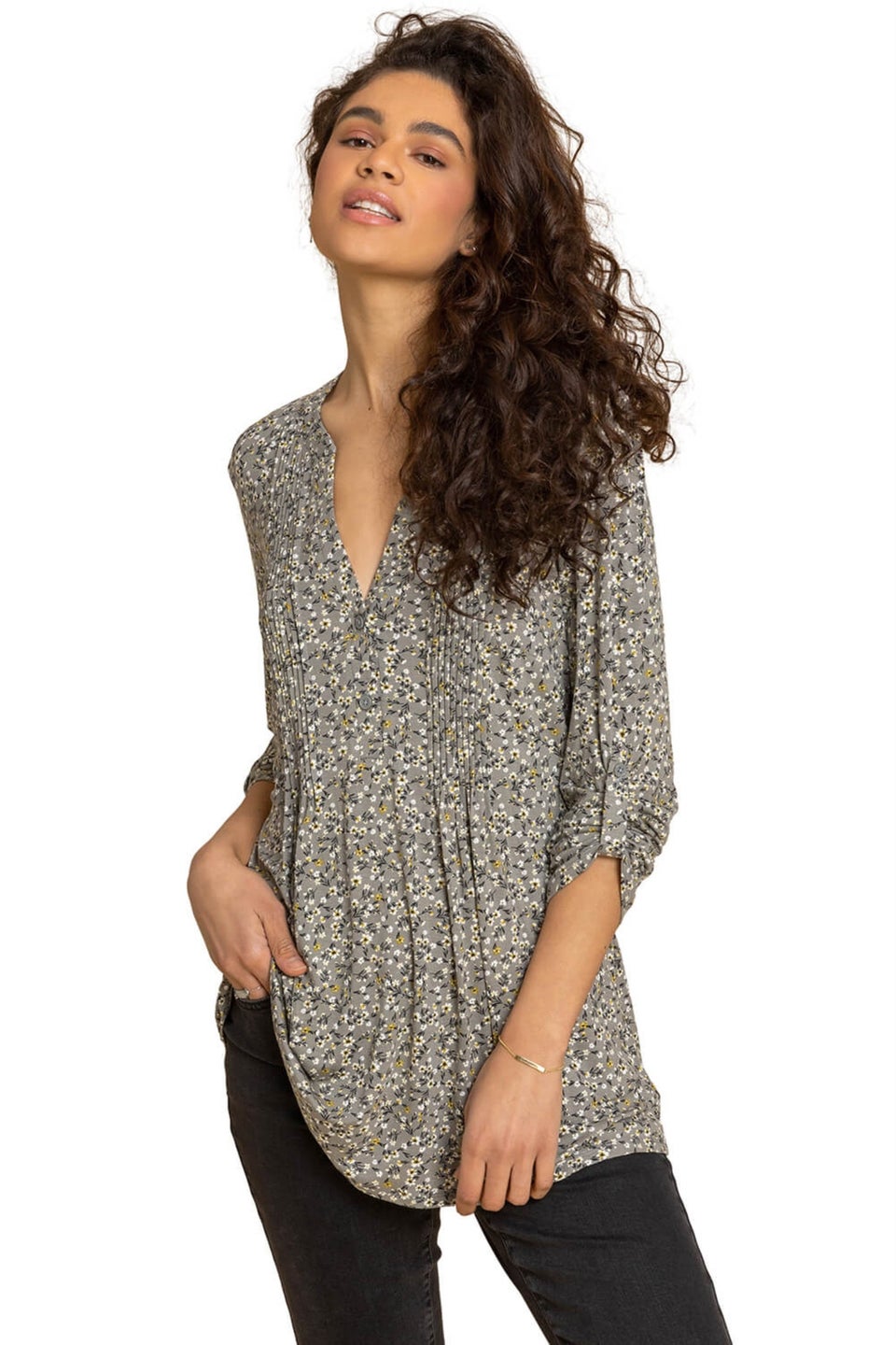 Roman Pale Green Ditsy Floral Print Pintuck Jersey Shirt