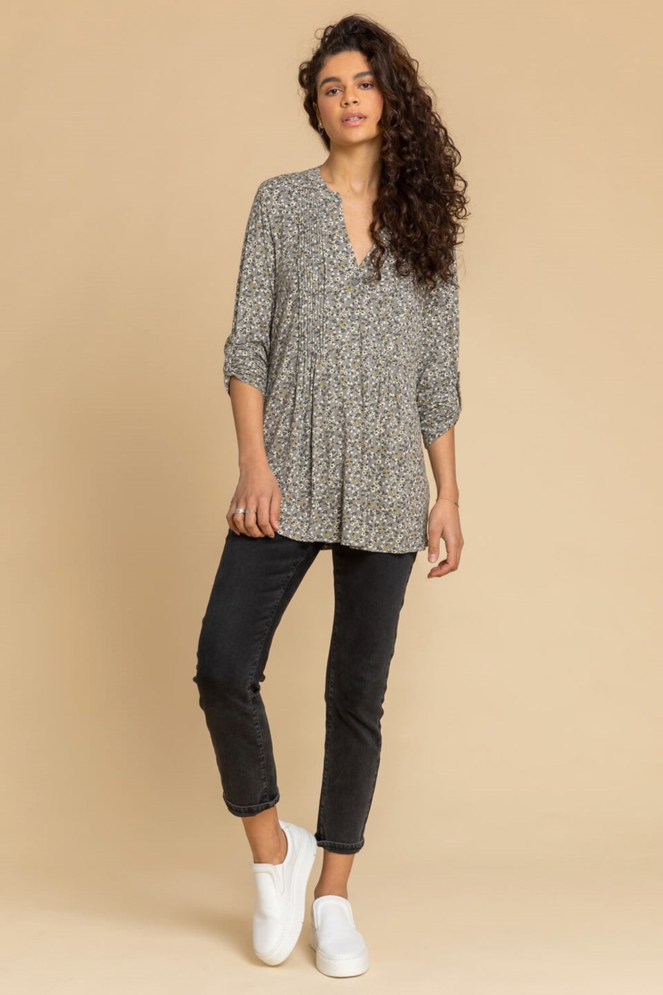 Roman Pale Green Ditsy Floral Print Pintuck Jersey Shirt