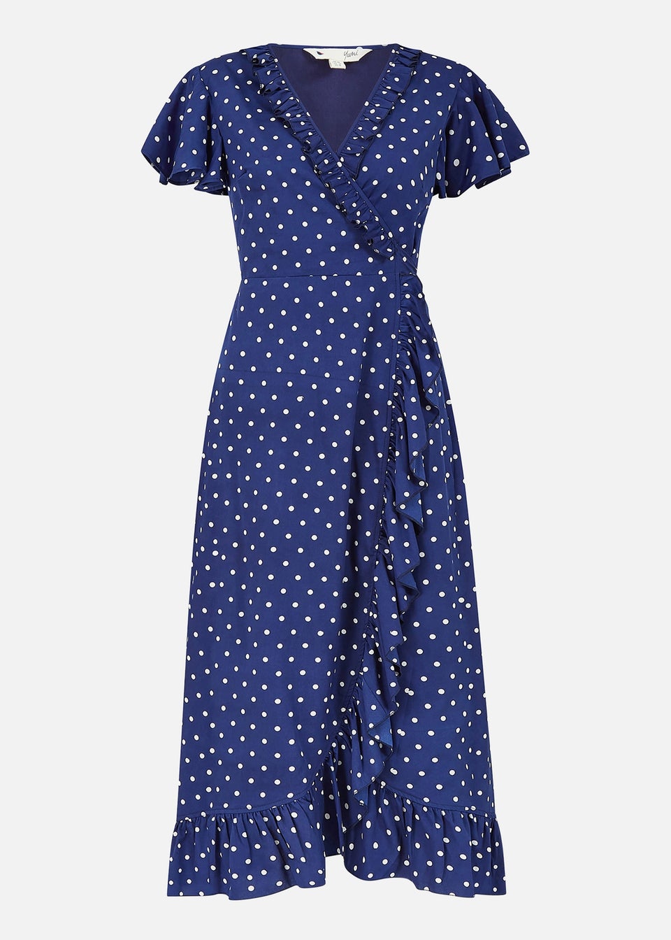 Polka dot frill wrap dress store