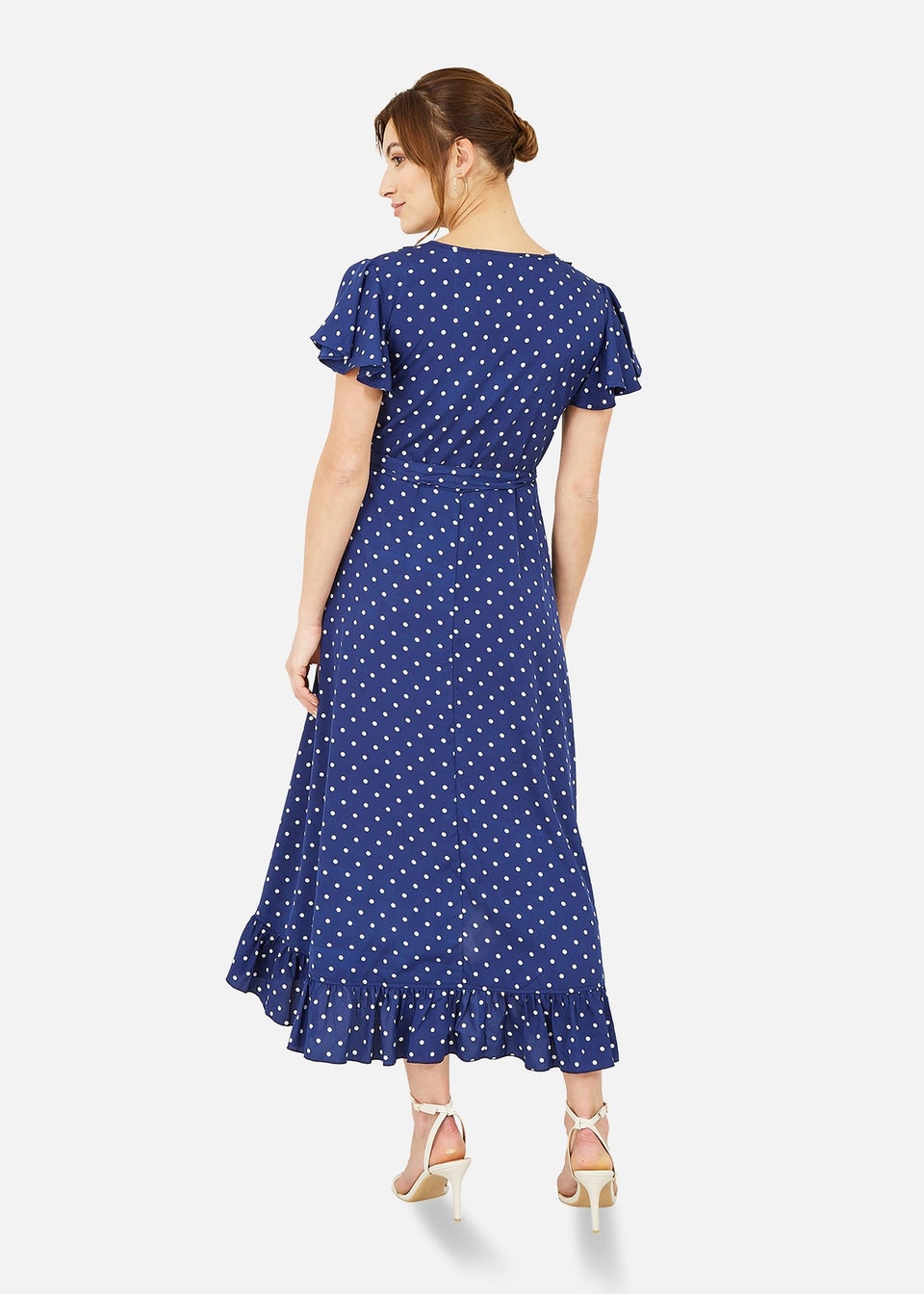 Yumi Navy Polka Dot Frill Wrap Dress