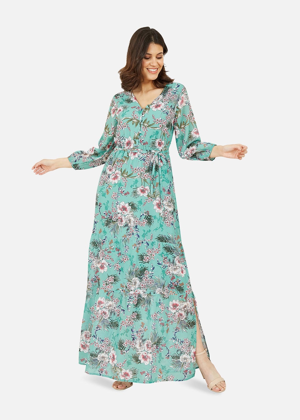 Yumi Sage Green Tropical Palm Print Maxi Dress Matalan