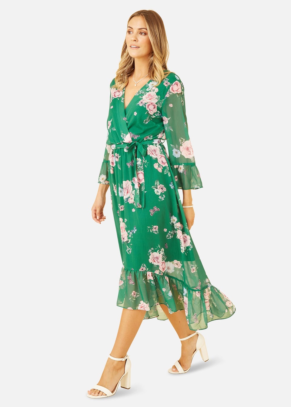 Yumi Green Floral Wrap Dress With Dipped Hem