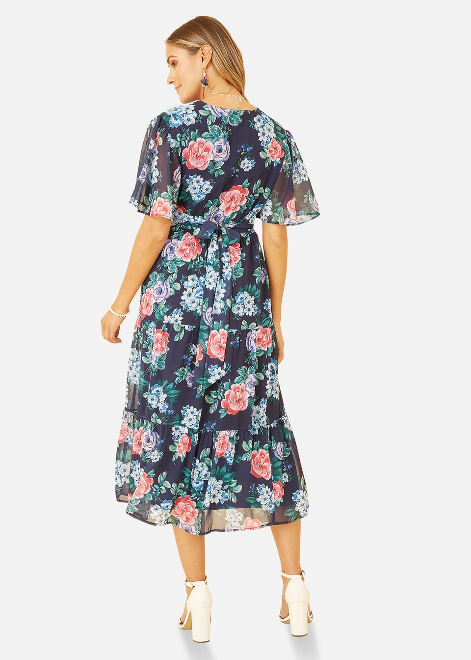 Yumi Navy Floral Wrap Midi Dress With Tiered Hem